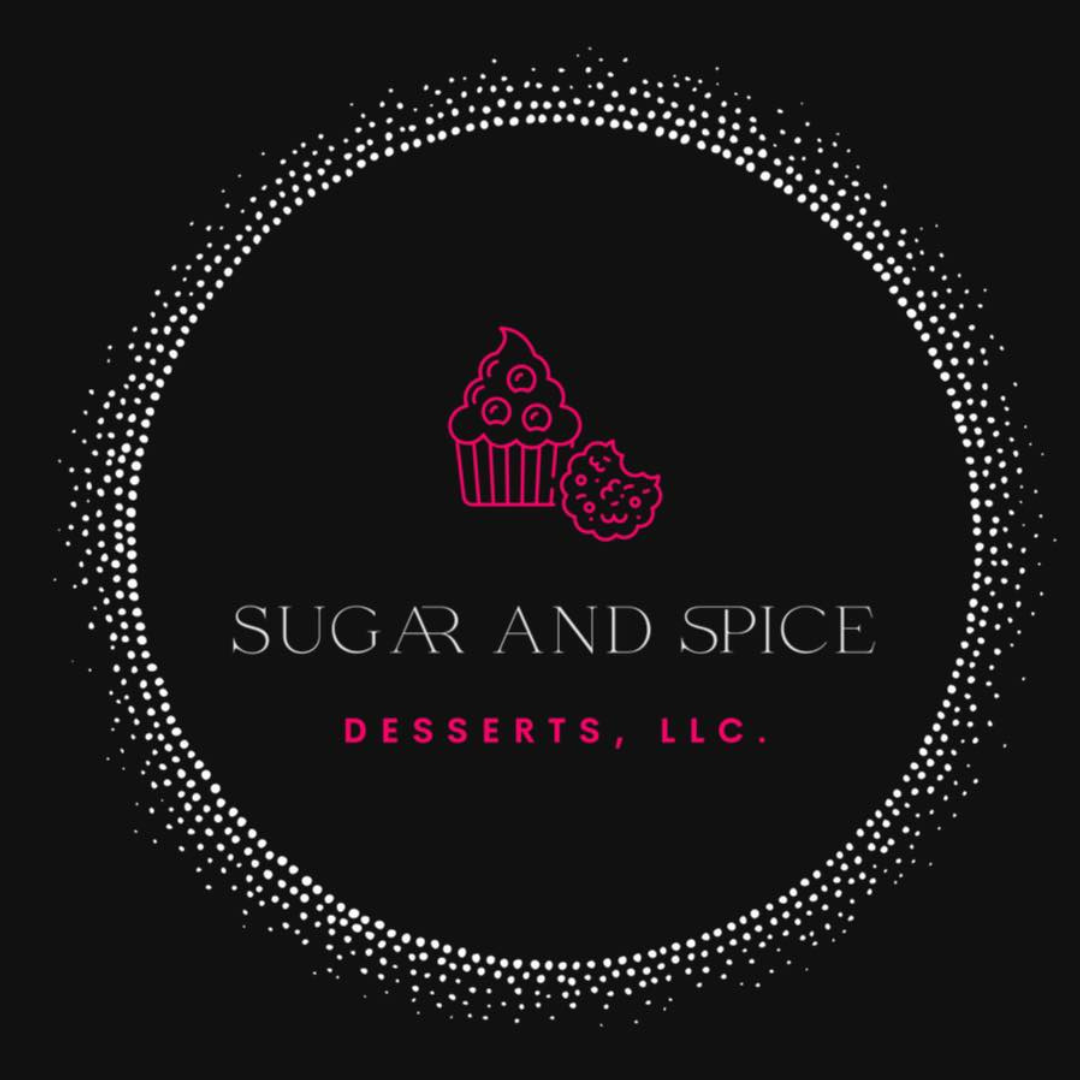 circular logo of Sugar and Spice Desserts LLC. The logo has dots around the edge with a cupcake and cookie in the middle and the company's name under the desserts.